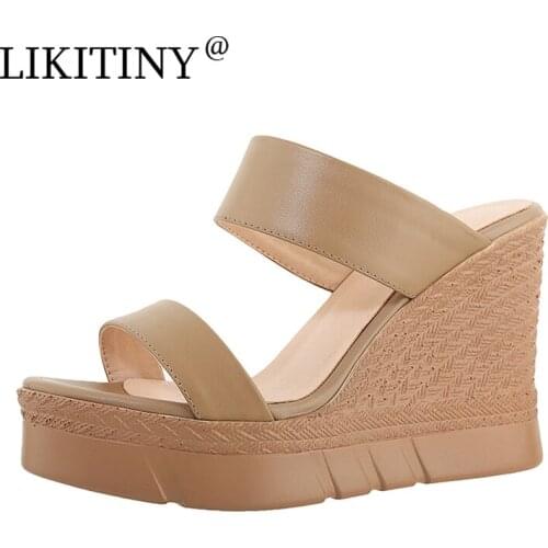 LIKITINY 2021 Summer Wedges heels Genuine Leather Slip on Brown white Slippers Open toe Casual slides Womens shoes slides new