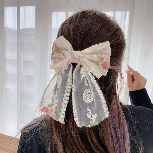 Cute Bow Hairpin Lace Embroidery Kawayi Hair Accessories Sweet Embroidery Temperament, Fairy Hairpin Spring Clip