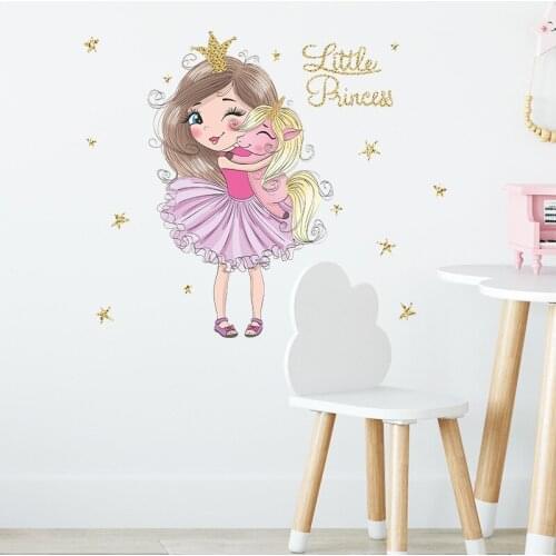 Cartoon Little Princess and Unicorn Wall Stickers Vinyl Decorative Wall Decals Baby Girl Bedroom Decoration Nursery Mural Poster