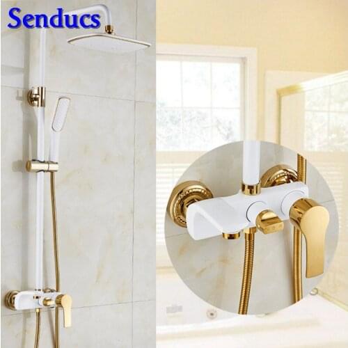 Senducs White Gold Bath Shower Set European Style Water Saving Bathroom Shower System With High Quality Brass Shower Set