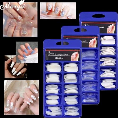 Monja 100 Pcs White Nature Clear Color Full Cover False Nails Acrylic Ballet Coffin Nail Extension Tips Fake Nails Manicure Tool
