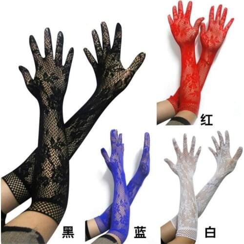 1 Pairs Women Sexy Transparent Lace Elastic Fishnet Floral Gloves Bride Long Sleeve Elbow Length Mesh Liturgy Womens Gloves