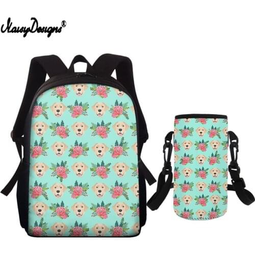 NOISYDESIGNS Yellow Labrador Retriever Floral Bouquet Flowers Schoolbags Children Casual Bookbag Custom Design Students Backpack