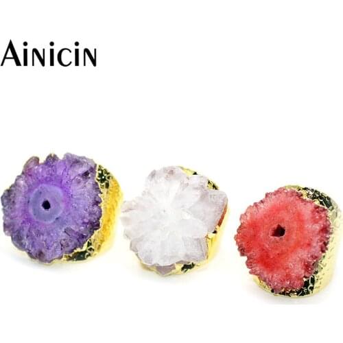 Special Choose Natural Flower Druzy Crystal Gold Plating Adjustable Ring Violet White Red Drusy Jewelry For Women