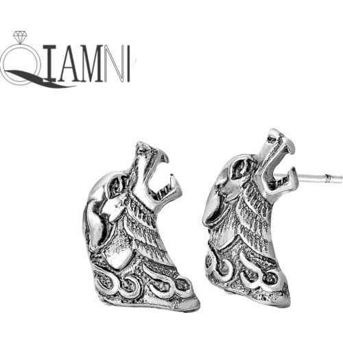 QIAMNI Punk Vintage Roar Dog Wolf Animal Stud Earring for Women Men Slavic Viking Jewelry Birthday Charm Party Gift Pendientes
