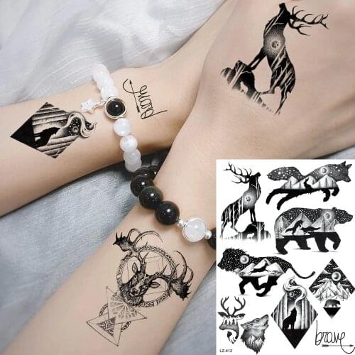 YURAN Black Galaxy Planets Geometric Animals Tattoo Women Waterproof Temporary Tattoo Stickers Men Deer Lion Wolf Fake Tatoos