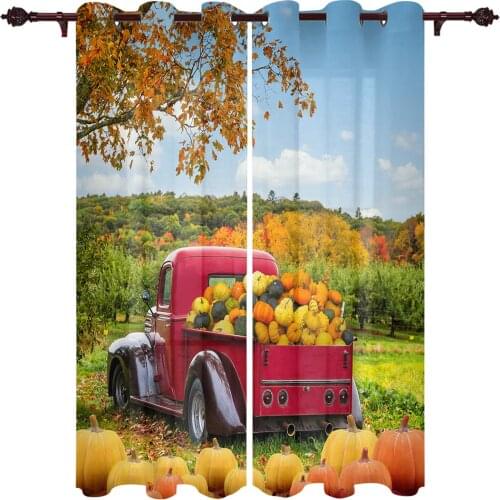 Autumn Pumpkin Truck Retro Farm Window Curtains Kitchen Bedroom Drapes Home Decor Luxury Living Room Backdrop Curtain