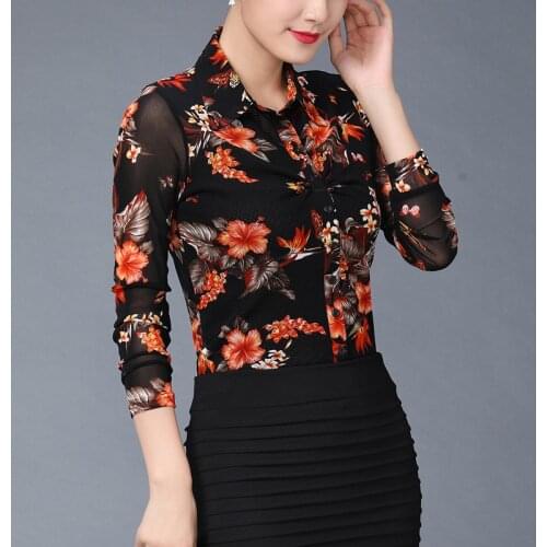 2019 Fall Spring Neww Arrival Woman Floral Print Slim Streth Mesh Cardigan Blouse Top Shirt , Women Long Sleeve Tops And Blouses