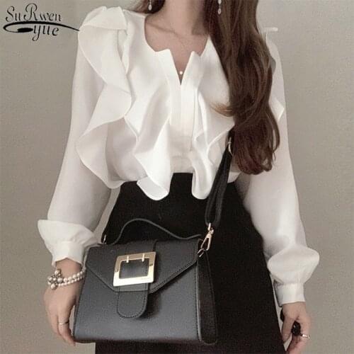 Spring New White Long Sleeve Shirt Blouse Elegant Ruffles Women Tops Clothing V-neck Solid Blusas Mujer De Moda Verano 13342