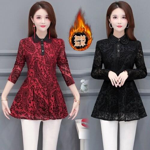 Women Winter Spring Basic Wear Warm Velvet Inside Elegant Office Lady Hollow Out Black Lace Vingage Tunic Peplum Top Blouses