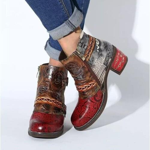 Vintage Splicing Printed Ankle Boots For Women Shoes Woman Pu Leather Retro Block High Heels Zipper Women Boots Zapatos De Mujer