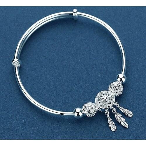 Fashion carving beads tassel charms bangle bracelets for women white gold silver color jewelry birthay gifts accessories new