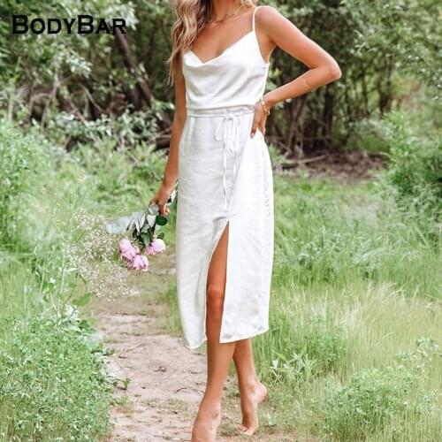 Women Sexy Maxi Party Dresses Sling White Spilt Suspender High Waist Ins Style Satin Dress For Ladies Hot Sale Boho Vestidos XL