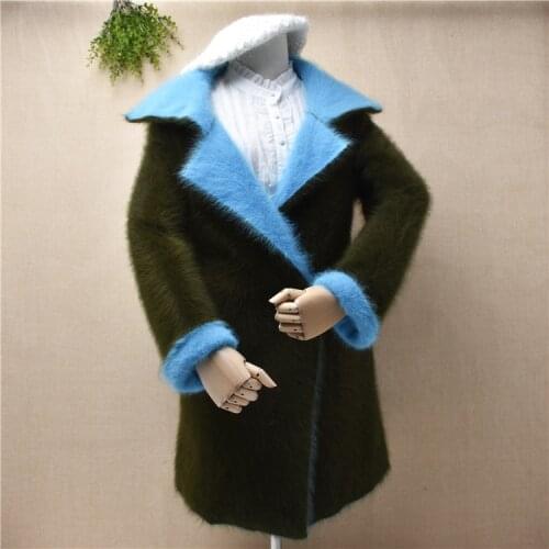Ladies women casual fashion suit collar olive color mink cashmere long sleeves cardigans angora rabbit fur knitted jacket coat