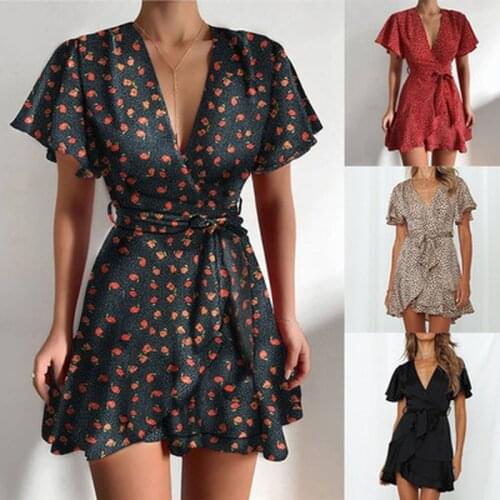 Butterfly Sleeve Polka Dot Floral Print Summer Women Dress V Neck High Waist Sashes Dress Vintage Female Mini Red Vestidos 2021