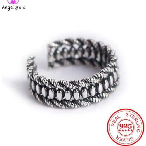 925 Sterling Silver Open Ring for WomenTwist Geometric Oval Beads Wide Face Lady Rings Bijoux Femme Adjustable Rings