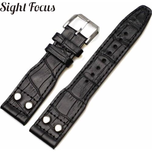 22x18mm Black Leather Watchbands for IWC Pilot Hamilton Militay Bracelet Watch Strap Rivet Studs Belt Wristband pin Buckle