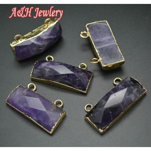 5pcs Natural Purple Purple Crystal 2 Loops Hanging Pendants Fashion Jewelry Findings Cut Surface Connector