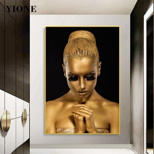 Black Gold Prayer Woman Canvas Painting Custom Modern Figure Art Prints Wall Poster for Living Room Girl Bedroom Picture Decor