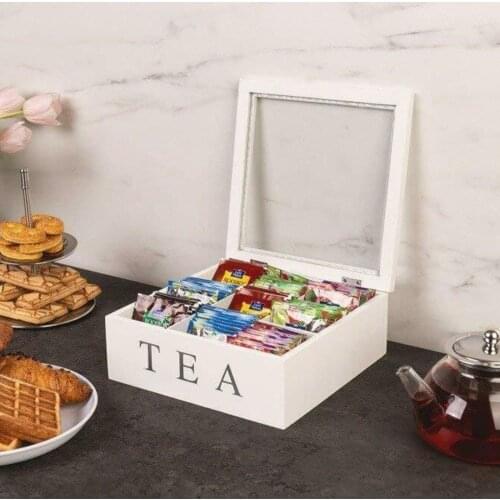 Wooden Tea Box With Lid 9-Compartment Retro Style Coffee Tea Bag Storage Holder Organizer For Kitchen Cabinets home Kitchen