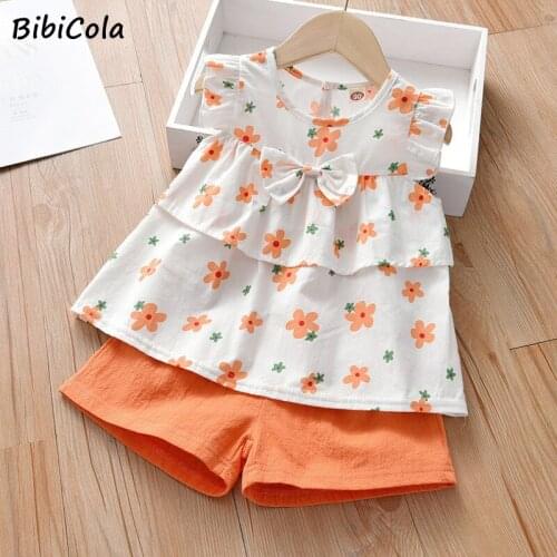 Kids Summer Clothes baby girls sleeveless T-shirt + Solid color shorts 2PCS Outfits For Girls Casual Style Floral Kids Clothing