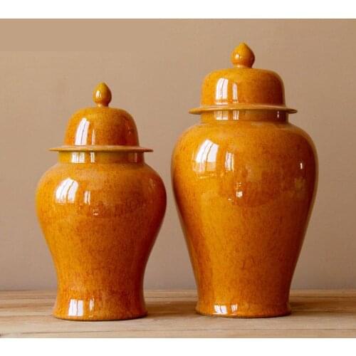 Home Furnishing Jingdezhen Ceramic Ginger jar Handmade Glaze Yellow ceramic temple jar home decoration porcelain jar vase