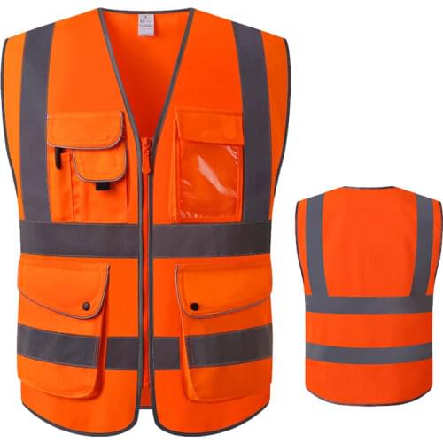 Fluorescent Orange Safety Vest with Pockets Zipper Front Closure High Visibility Reflective Safety Vest With Reflective Strips