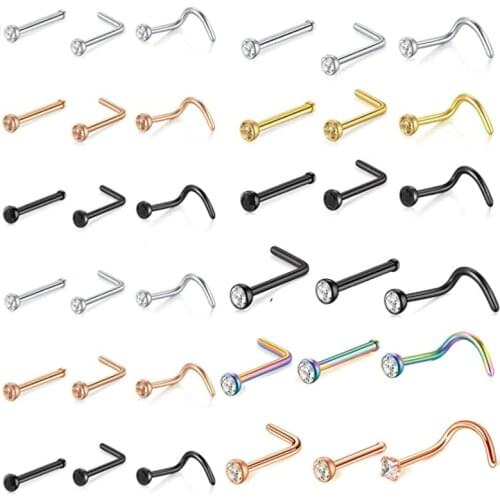 5Pcs 20g Nose Rings Studs L Shape Nose Screw Surgical Stainless Steel Nose Hoop Diamond Heart Nostril Nose Piercing Jewelry