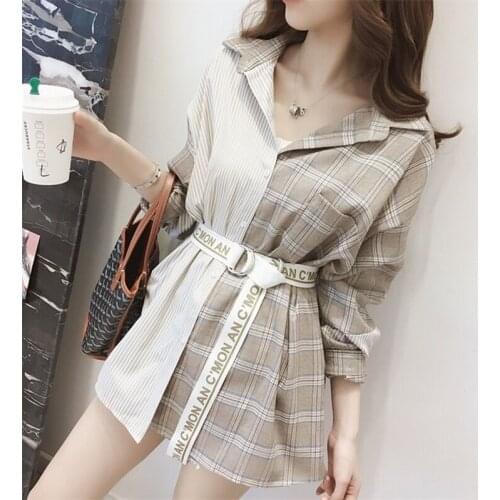 JSXDHK Fashion Autumn Asymmetrical Plaid Blouses Women Hit Color Striped Single-Breasted Letter Sashes Long Shirt Casual Tops