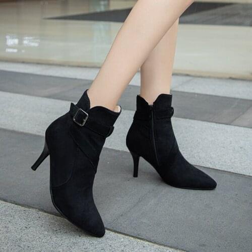 Fashion simple Ankle boots super high heel suede buckle pointed pedicure was thin nightclub sexy booties mujer 31-43 Black Red