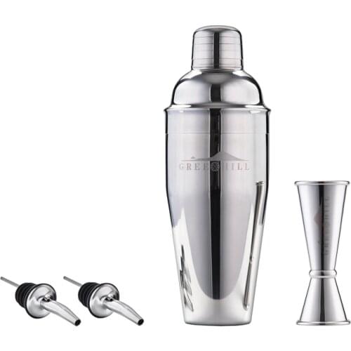 Premium 4 Pieces Cocktail set: 24oz Cobbler Shaker, 25/50ml Double End Jigger and 2 Pourers in 18/8 Stainless Steel