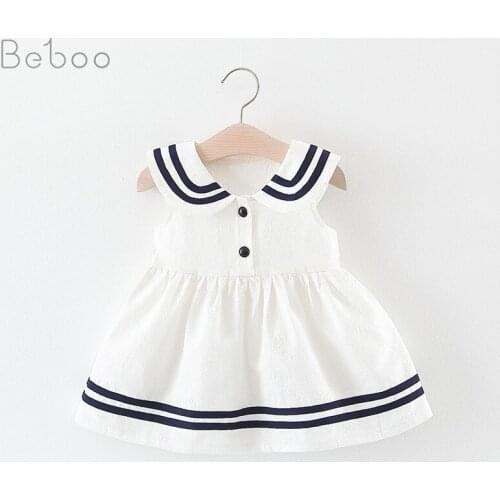 Baby Girls Clothes Korean Navy Vest Princess Style Dresses 2021 Summer New Solid Color Pure Cotton Dress Childrens Clothing