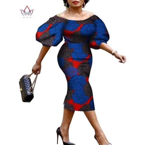 BintaRealWax African Print Dresses for Evening Party Cotton Fabric Puff sleeve Ankara Dress Knee-length African Clothing WY7795