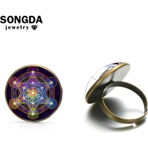 SONGDA Sacred Geometry Metatron Cube Adjustable Rings for Women Mysterious Cosmic Art Symbol Glass Cabochon Opening Knuckle Ring