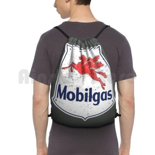 Mobil Gas-Distressed Backpack Drawstring Bag Riding Climbing Gym Bag Retro Vintage Mobil Pegasus Oil Cool Exxon Motor Oil