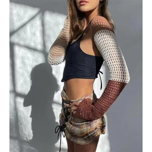 Sexy Y2K Long Sleeve Backless Patchwork Tops Crop Top Women Summer Casual Knitted Shirt Hollow Knitted Shawl For Nightclub
