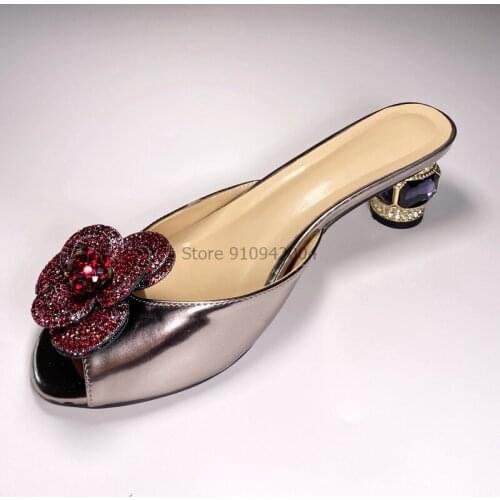 Sexy Block Heel Stiletto Slipper Shoes Lady Peep Toe Diamond Flower Slides Black Red Purple Mules Summer