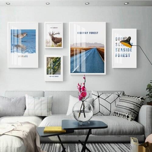 Nordic Landscape Animals Elk Deer Bird Road Letters Background Canvas Painting Wall Picture Print Poster Living Room Decoration