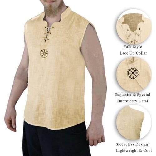 Medieval Viking Pirate Costume Tanks Mens Embroidery Linen Sleeveless Collar T Shirt Cotton Lace Up Tops Tee For Adult Plus Size