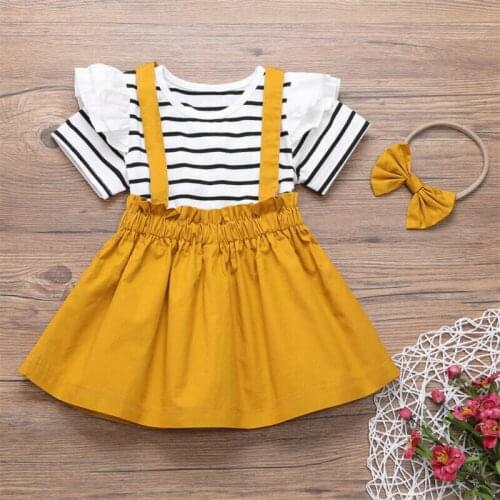 UK 3Pcs Toddler Kid Baby Girl Clothes Striped Top T-shirt Strap Skirt Outfit Summer Set 1-6t