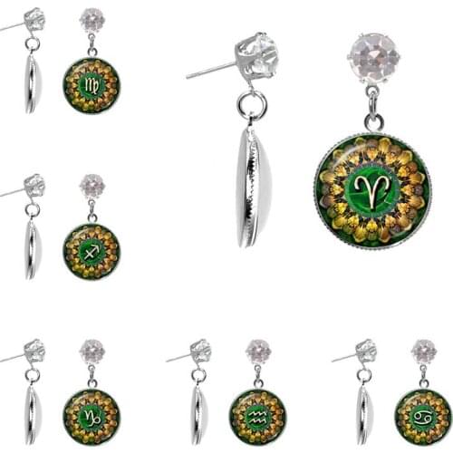 12 Constellation Aries Leo Pisces Earrings Zodiac Sign Charm Mandala Art Pattern Glass Dome Earrings for Women Birthday Gift