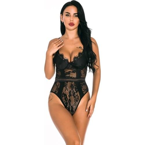 Floral Lace Bodysuit Women Sexy Lingerie Push Up Eyelash Lace Balconette Bra Hollow Out Back Shaper Women Teddies Underwear
