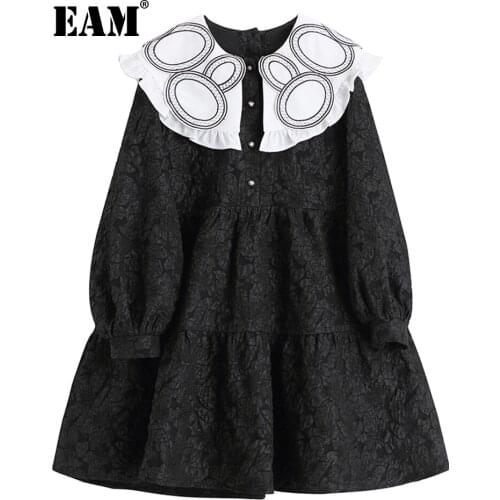 [EAM] Women Black Jacquard Ruffles Dress New Peter Pan Collar Long Sleeve Loose Fit Fashion Tide Spring Autumn 2021 1DD5399