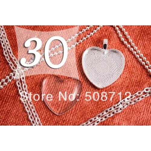 30sets DIY 1 Inch Pendant Kits Silver Plated Heart 25 mm Pendant Tray with matching Chain and Glass
