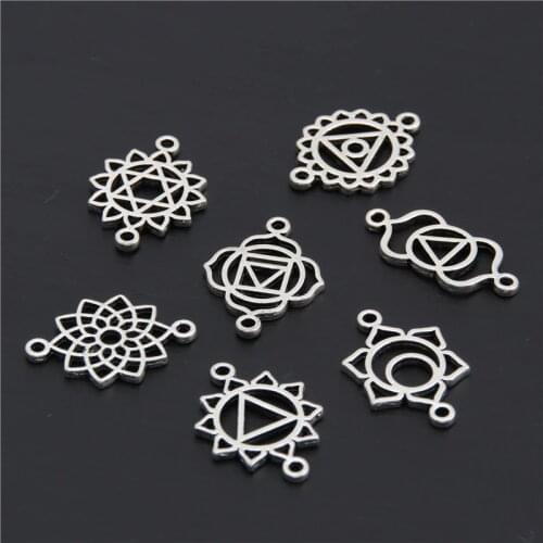 21pcs 7 Chakra Silver Color Zinc Alloy Mandala Yoga Charm Connector OM Pendant Fit Handmade Jewelry