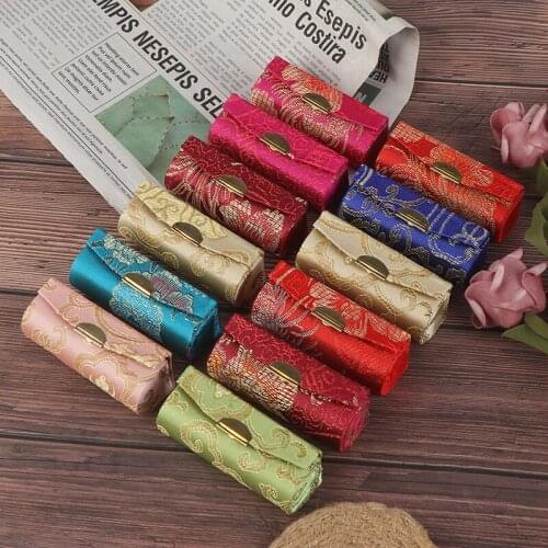 Women Lipstick Case Retro Embroidered Flower Designs With Mirror Packaging Lip Gloss Box Jewelry Storage For Wedding Gift