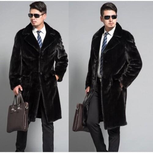 Black autumn long faux mink leather coats mens winter thicken warm casual fur leather coat men loose jackets jaqueta de couro