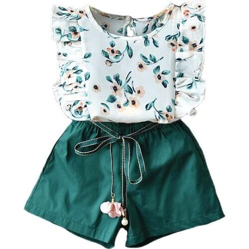 Children clothing summer kids girls sets fashion flower suit lace sleeveless top+ shorts two-piece sets girls garment soft