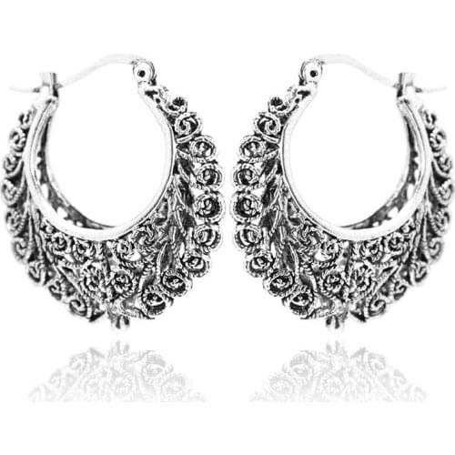 Dreamlike Earrings Ethno Gross Decorated Earrings Bohemian Vintage Tibet Long Hanging Round Hoop Earrings Wide Antique Style Sil