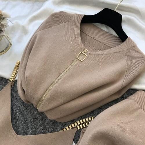 2020 New Woman Autumn Winter Knitted Zipper Cardigans + Camisole + Pants 3pcs Fashion Suit Women Tracksuit Clothes Set